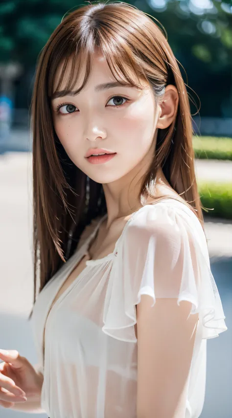 1womanl, up of face, mideum breasts, light brown hair, Blunt bangs, hair behind ear, hair over shoulder, Long hair, slender body shape, Ultra Fine Face, Thin face, Delicate lips, Beautiful eyes, thin blush, eyes are light brown, perfect glossy skin, flawle...