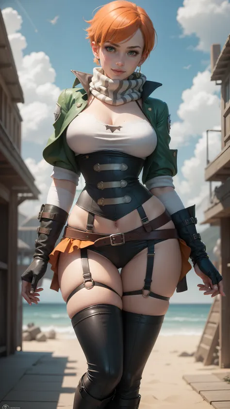 gwen tennyson,tracer,bulma,yorha 2b, rebecca chambers,atelier ryza,pirate outfit,beach,teenager,green eyes,thigh high boots,garter belt,shy smile,striped panties,short hair,orange hair,pirate ship,white striped top,gothic mini skirt,wet body, freckles,redh...