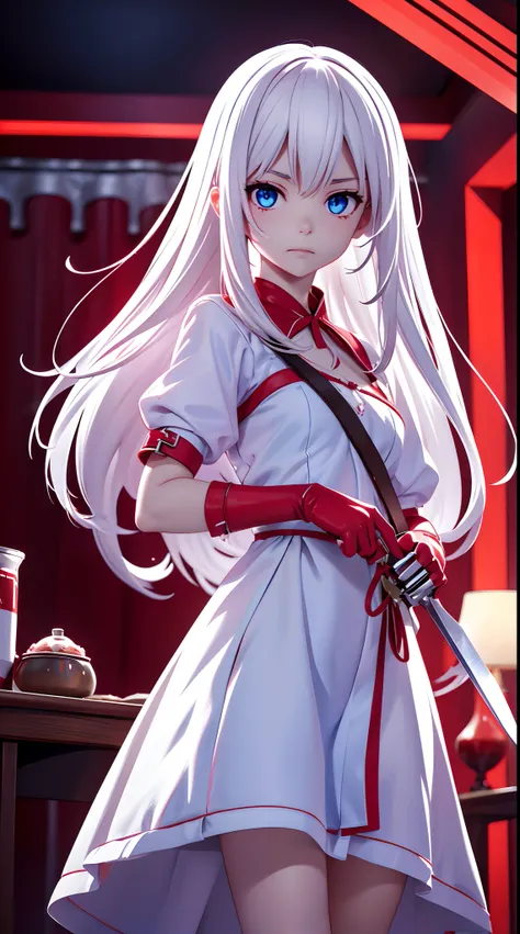 Gril, loli,white hair, blue eyes,Holding a knife, red liquid and red blood, living room background.HD lighting and dark )(epic image quality)(many effects in background)