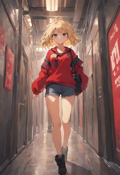 Woman with blond hair, red shirt, utility belt, tight pants, boots.