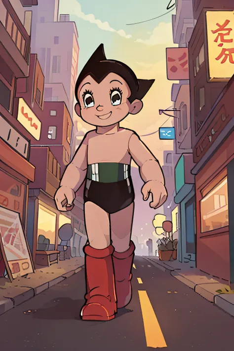 astro boy walking down futuristic city, day time, red boots, looking forward, smiling