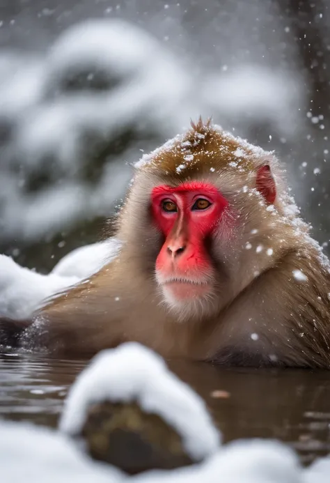 Japanese macaque　Soak shoulder-deep in an open-air bath　Enter　Snow around