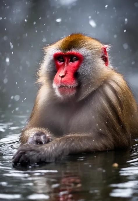 Japanese macaque　Soak shoulder-deep in an open-air bath　Enter　Snow around