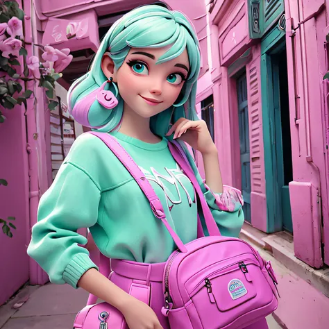 uma menina jovem, Seu cabelo curto e enrolado, com rendas delicadas, tom verde neon com madeixas cinza e preto claro, roupas leves, mochila, fone de ouvido, dreads roxo escuro, corpo inteiro, The background is filled with a pastel shade, evoking a sense of...