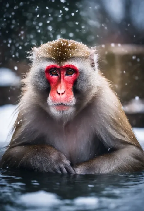 Japanese macaque　Soak shoulder-deep in an open-air bath　Enter　Snow around