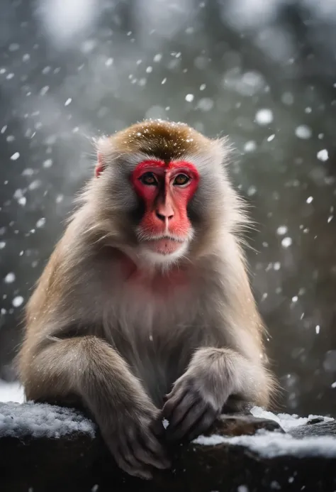 Japanese macaque　Soak shoulder-deep in an open-air bath　Enter　Snow around