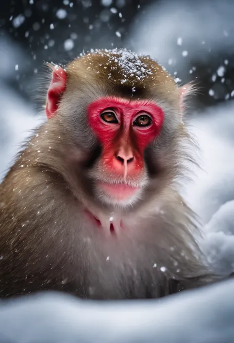 Japanese macaque　Soak shoulder-deep in an open-air bath　Enter　Snow around