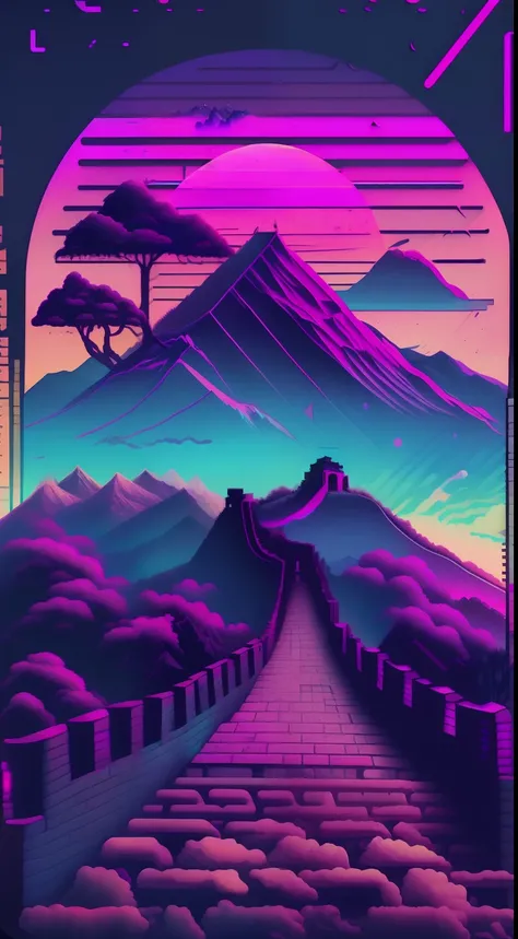 vaporwave style， Aesthetics， Chill， grieves， lofi style， ultra - detailed， Background with， The landscape， highly  detailed， 8K， k hd，Great Wall and City Walls，Mountains and the Great Wall。