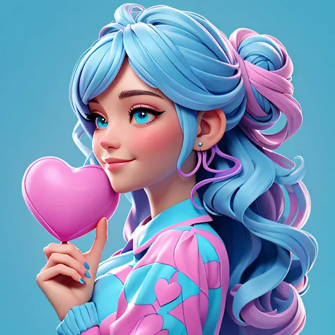 A woman holds a colorful heart-shaped balloon. Her hair is stuck in a messy bun. The background is filled with a pastel shade of light blue, evoking a sense of lightness and happiness.