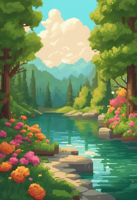 Sunny summer，florals，green trees，pixelated art, beautiful detailed pixel art, detailed pixel art, Retro lo-fi video game, Pixel art concept, detailed pixel artwork, pixelart style, Pixel City, pixel art animation, high quality pixel art, White snow, super ...