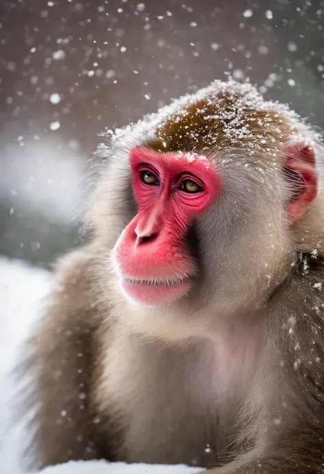 Japanese macaque　Soak shoulder-deep in an open-air bath　Enter　Snow around