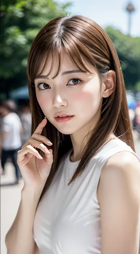 1womanl, up of face, mideum breasts, light brown hair, Blunt bangs, hair behind ear, hair over shoulder, Long hair, slender body shape, Ultra Fine Face, Thin face, Delicate lips, Beautiful eyes, thin blush, eyes are light brown, perfect glossy skin, flawle...