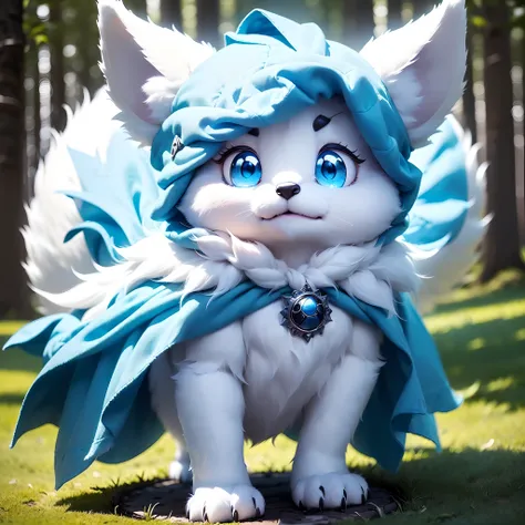 Anthropomorphic standing furry little wolf，adolable, Light：Extreme light and shadow,(anthr(Full Body Furry,Head bust close-up， Pale blue hair,Large pale blue ears，Big blue eyes，The mouth is slightly open，White fur，Reddish skin ，Sky blue eyes, Pale blue hai...