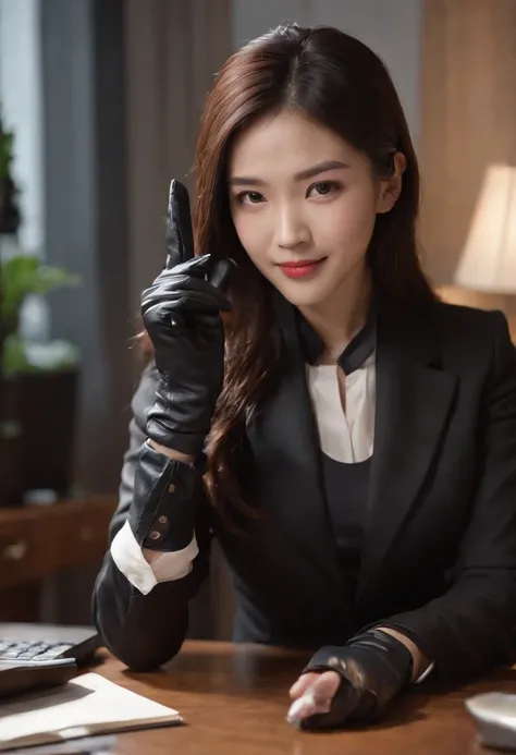 Wearing black leather gloves on both hands, Upper body, Black business suit, Facing the desk in my room with a computer in the dark, Look down and smile, Use a fountain pen to write a letter, Black hair was tied back for a long time, Japan female new emplo...