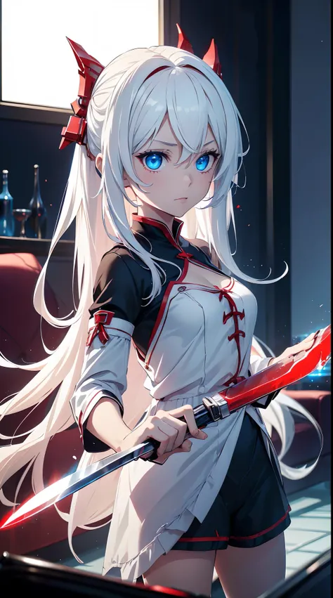 Gril, loli,white hair, blue eyes,Holding a knife, red liquid and red blood, living room background.HD lighting and dark )(epic image quality)(many effects in background)