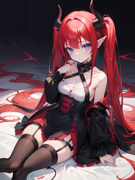 red hair,blue eyes,twintails, long hair, solo, loli, black stockings,{{best quality}}, {{masterpiece}}, {{ultra-detailed}}, {illustration}, {detailed light}, {an extremely delicate and beautiful},little girl,cute,Succubus, demon,horns