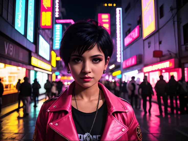 Uma linda Gina Valentina, short hair, decote, action movie scene, noite, Cyberpunk aesthetics, Bustling with neon signs, lotado de pessoas,cinematografia de filmes,Turma do Lixo, pessoa atraente,High emphasis on detail,Use of meteorological technology equi...