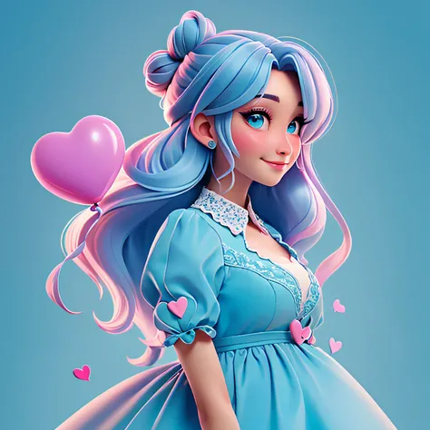 A woman holds a colorful heart-shaped balloon. Her hair is stuck in a messy bun. The background is filled with a pastel shade of light blue, evoking a sense of lightness and happiness.