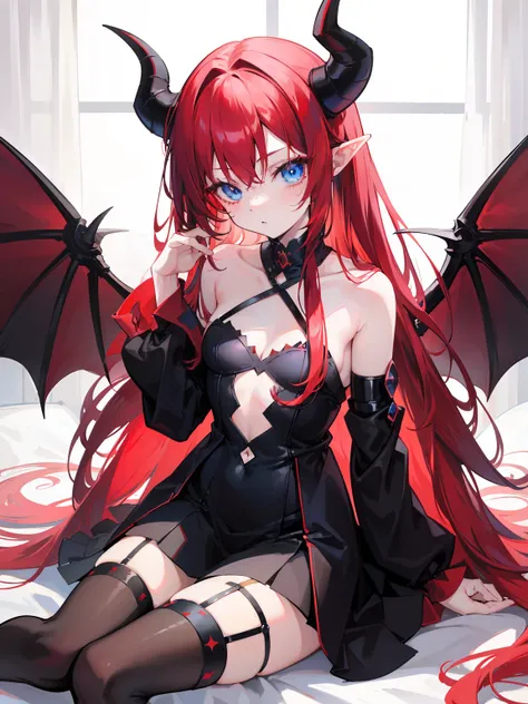 Red hair,Blue eyes,double tails, Long hair, Solo, Loli, Black stockings,{{Best quality}}, {{Masterpiece}}, {{Ultra-detailed}}, {illustration}, {Detailed light}, {An extremely delicate and beautiful},Little girl,Cute,Succubus, demon,Horns