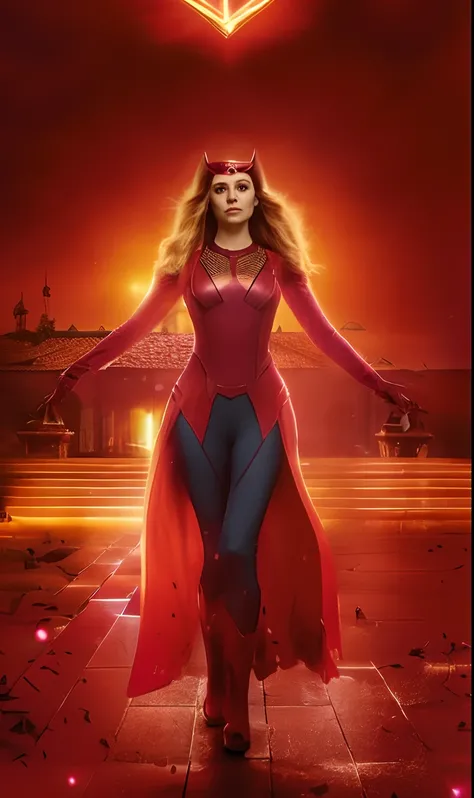 a woman in a red costume standing on a brick walkway, Traje de Feiticeira Escarlate, Elizabeth Olsen a Feiticeira Escarlate, Elizabeth Olsen como Feiticeira Escarlate, Feiticeira Escarlate Marvel, Feiticeira Escarlate, Elizabeth Olsen como Feiticeira Escar...