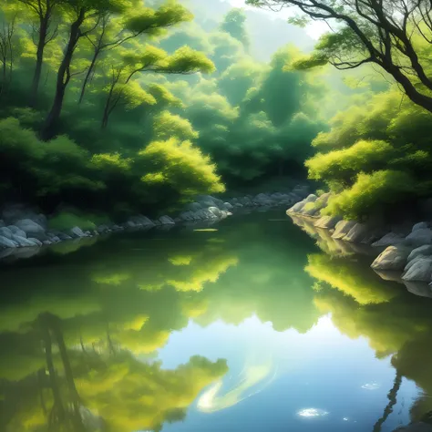 Clear stream，Glowing with a silvery glow，It flows gently，Stirring the reflection in the water，Sometimes quiet，Active from time to time。