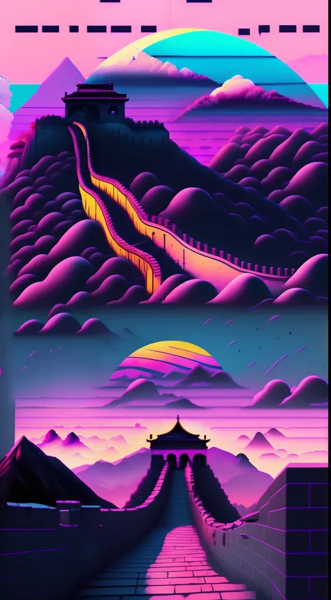 vaporwave style， Aesthetics， Chill， grieves， lofi style， ultra - detailed， Background with， The landscape， highly  detailed， 8K， k hd，Great Wall and City Walls，Mountains and the Great Wall。