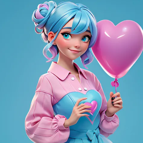 A woman holds a colorful heart-shaped balloon. Her hair is stuck in a messy bun. The background is filled with a pastel shade of light blue, evoking a sense of lightness and happiness.