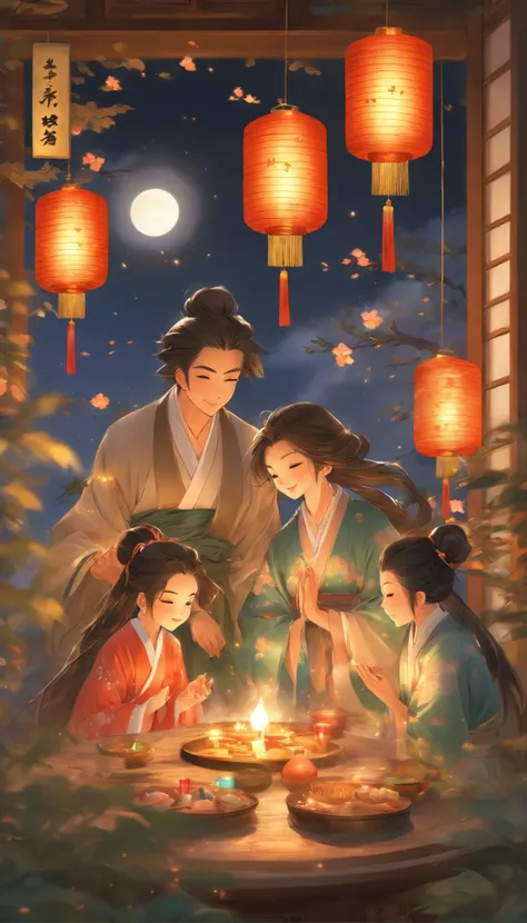 The family sits together, Enjoy a festive dinner, Surrounded by a warm and comfortable atmosphere. The room was beautifully decorated，Equipped with lanterns, Symbolizes the joy of the Mid-Autumn Festival. The table is filled with a variety of delicacies, I...