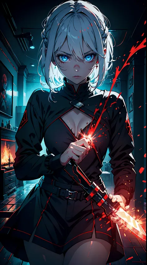 Gril, loli,white hair, blue eyes,Holding a knife, red liquid and red blood, living room background.HD lighting and dark )(epic image quality) dark atmosphere with bright particle light(many effects in background)