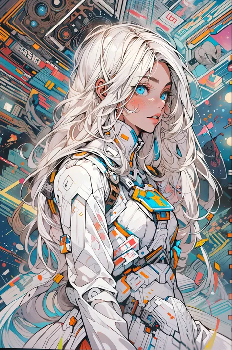 tmasterpiece，1 monk warrior girl with white tech suit clothes，White long hair，laces，abstract vintage scifi background，art by Moebius，Ashley Woods art，dynamicposes，Wandering Earth，Space Starry Sky