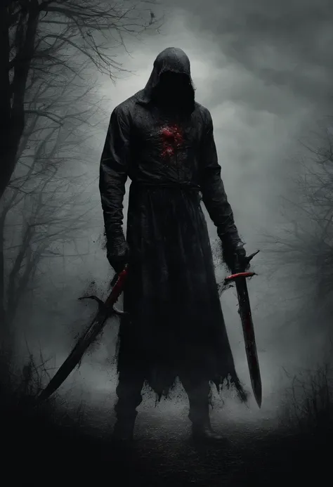 Black shadow man with blood colour sword in his hand and dead body no his foot