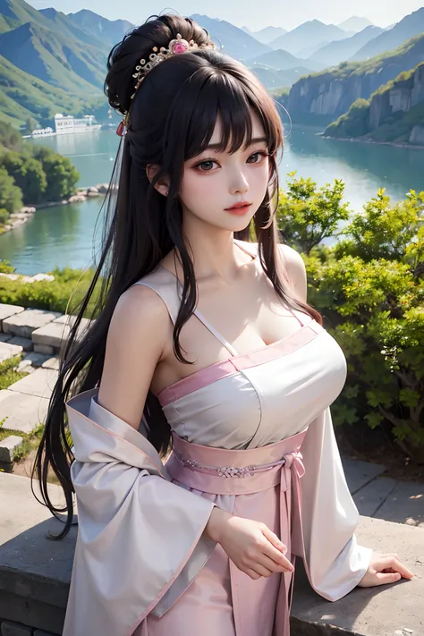 beautiful young korean,light pink dress,black hair,mountain top, ancient chinese clothes,luxurious silk, long beautiful flowing kimono, hanfu,ancient chinese palace ， flowing robe,best quality,reality,medium-sized breast,fantasy, trending on cgstation, pal...