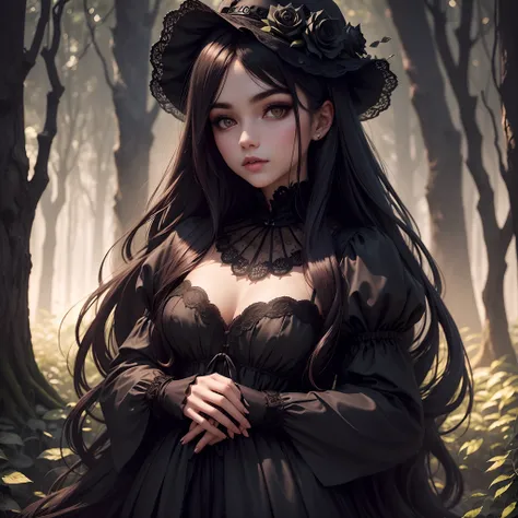 There is a beautiful girl with long hair in a dimly lit forest，Gothic fashion，A lot of black roses are blooming，Best Quality，top-quality，