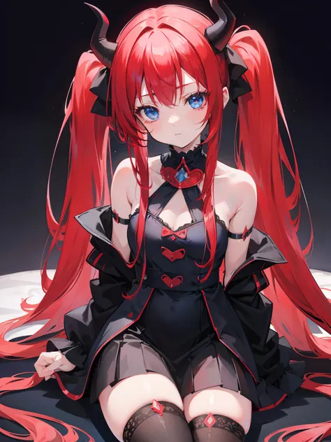 Red hair,Blue eyes,Twintails, Long hair, Solo, Loli, Black stockings,{{Best quality}}, {{Masterpiece}}, {{Ultra-detailed}}, {illustration}, {Detailed light}, {An extremely delicate and beautiful},Little girl,Cute,Succubus, demon,Horns