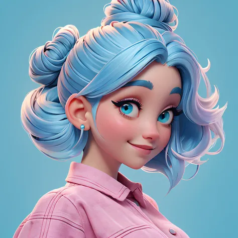 uma menina, Your hair is stuck in a messy bun, afro, mesclado, corpo inteiro, The background is filled with a pastel shade of light blue, evoking a sense of lightness and happiness.