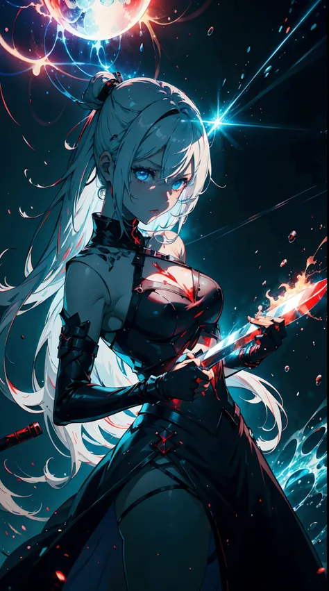 Gril, loli,white hair, blue eyes,Holding a knife, red liquid and red blood, living room background.HD lighting and dark )(epic image quality) dark atmosphere with bright particle light(many effects in background)