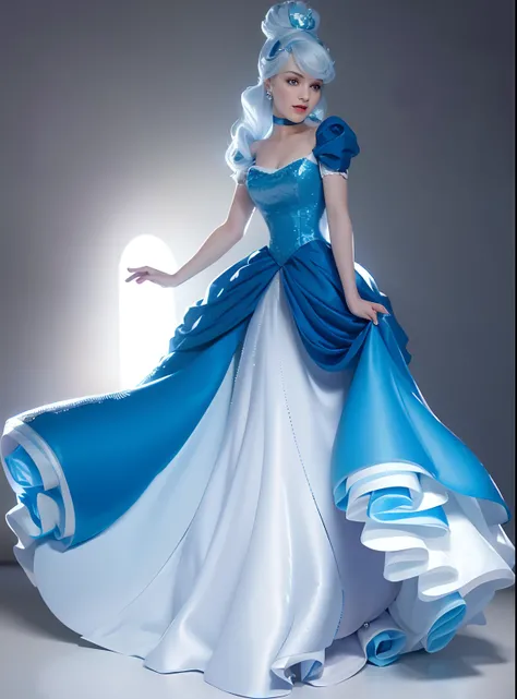 A cartoon Cinderella is dressed in a blue dress and tiable, Cinderela, She has pale white skin!!!, personagem disney, estilo de personagem disney, princesa bonita, Princesa da Disney, style of disney animation, princesa disney, imagem vazada, princesa femi...