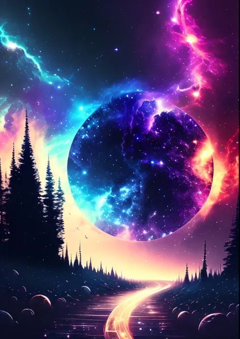 dreamlikeart, galaxy, outer space, nebula, star, [cyberpunked] Path from the Stars. (star:1.5),