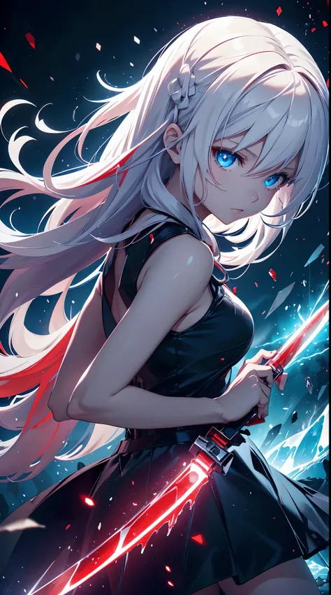 Gril, loli,white hair, blue eyes,Holding a knife, red liquid and red blood, living room background.HD lighting and dark )(epic image quality)dark atmosphere with bright particle light(many effects in background)