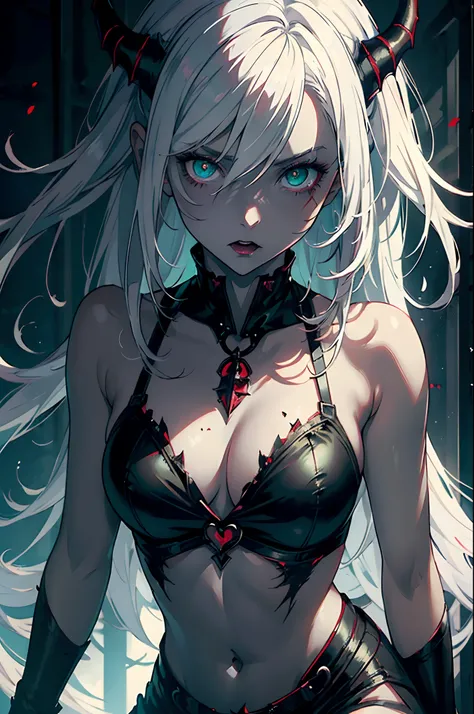 ((masterpiece, best quality)), (1girl, anime girl in dark prison),(mature, devil horn), (solo), (female focus), (white hair, messy hair),green eyes, ((vampire)), pale skin, evil , vicious, angry, portraits, close up, upper body, vibrant colors, soft lighti...