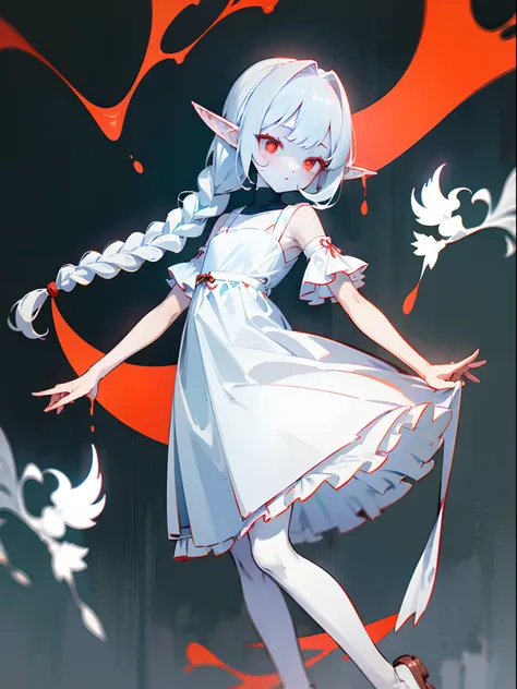 (masterpiece, sidelighting, finely detailed red eyes: 1.2), ((Best quality)), ((masterpiece)), (highly detailed:1.3), anime, 1girl, solo, loli, childish body, pale white skin, simple white dress, short dress, deep black pantyhose, balet flats, white hair, ...