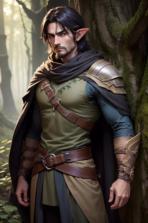 An elven ranger. Born of the woods. With boots that make no sound. Leather armor that blends to the back ground and cloak to become invisible. Shoulder length black hair with rugged design. Eyes would look yelllow like a wolf. Facial feature would be manly...