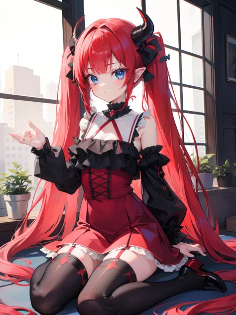 Red hair,Blue eyes,Twintails, Long hair, Solo, Loli, Black stockings,{{Best quality}}, {{Masterpiece}}, {{Ultra-detailed}}, {illustration}, {Detailed light}, {An extremely delicate and beautiful},Little girl,Cute,Succubus, demon,Horns