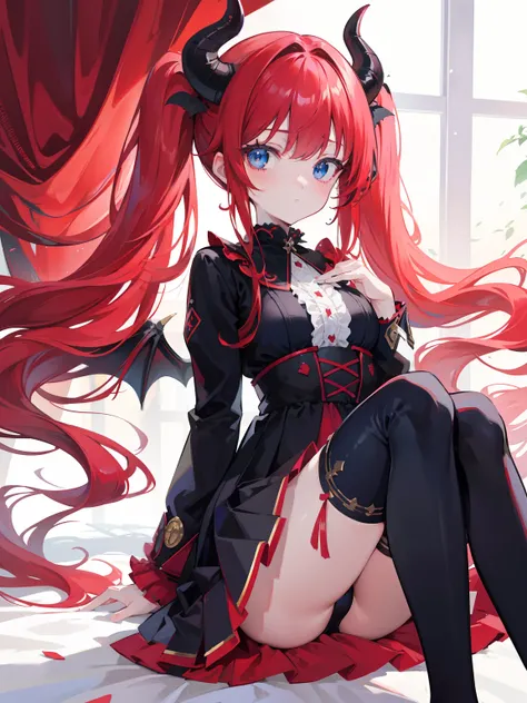 Red hair,Blue eyes,Twintails, Long hair, Solo, Loli, Black stockings,{{Best quality}}, {{Masterpiece}}, {{Ultra-detailed}}, {illustration}, {Detailed light}, {An extremely delicate and beautiful},Little girl,Cute,Succubus, demon,Horns