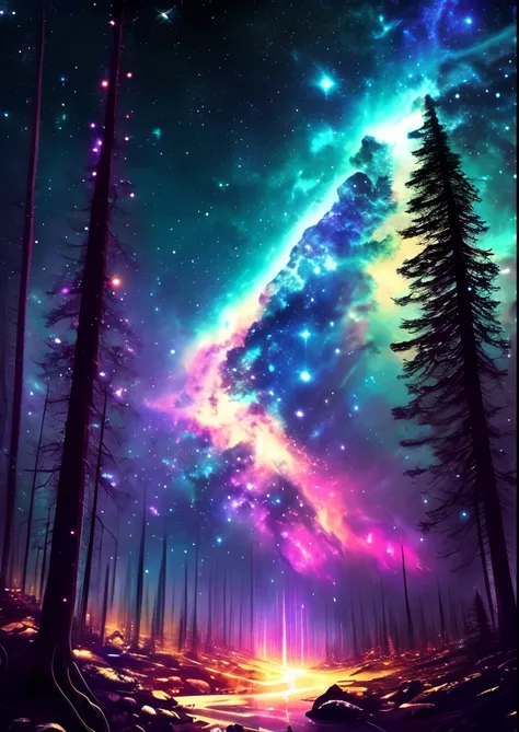 dreamlikeart, galaxy, outer space, nebula, star, [cyberpunked] Forest of the Stars. (star:1.5),