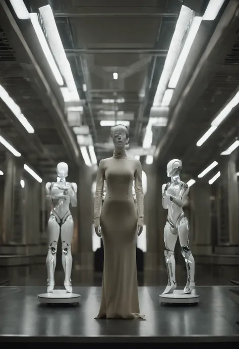 there are many mannequins lined up in a row, highly detailed vfx scene, white biomechanical details, darren aronofsky, human computer, large arrays, portrait of female android, artificial intelligence logo, human female, bluray image, anthropomorphic femal...