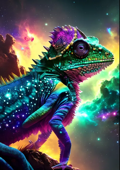 dreamlikeart, galaxy, outer space, nebula, star, [cyberpunked] Chameleon from the stars. (star:1.5),