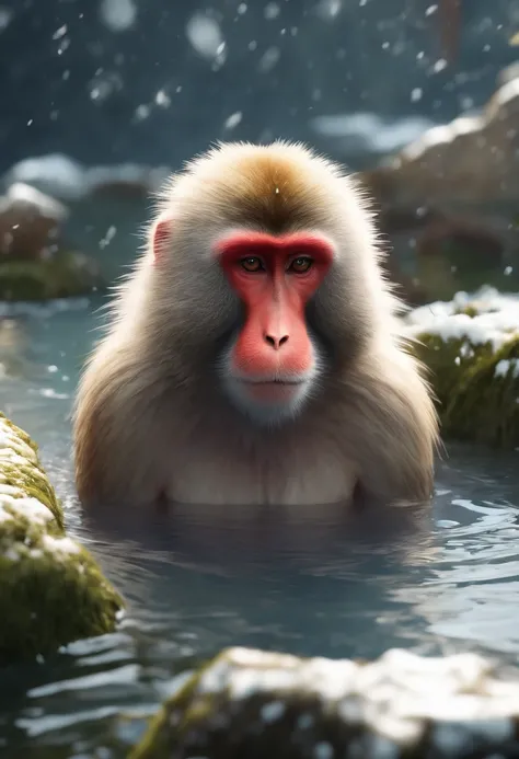 Japanese macaque　Heartwarming　Take a deep dip in your shoulders in the large open-air bath　Enter　Snow around