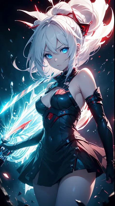 Gril, loli,white hair, blue eyes,Holding a knife, red liquid and red blood, living room background.HD lighting and dark )(epic image quality)dark atmosphere with bright particle light(many effects in background)