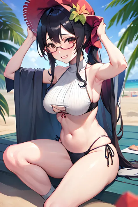 masutepiece, Best Quality,1girl in, (Solo:1.3),A dark-haired、Long hair、poneyTail、(Huge breasts:1.3),((eye glass))、A smile、(The bikini:1.2)、(the beach:1.3)